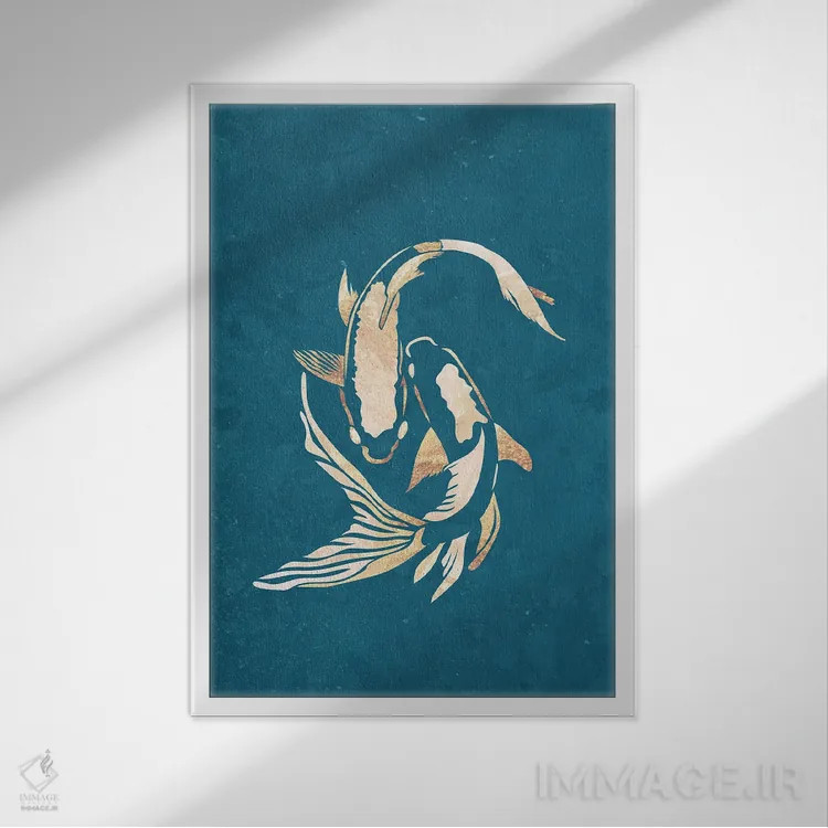 تابلو مدرن ماهی کوی ۲: سیلوئت طلایی روی فیروزه ای اثر سارا مانوفسکی - نمای قابدار سفید