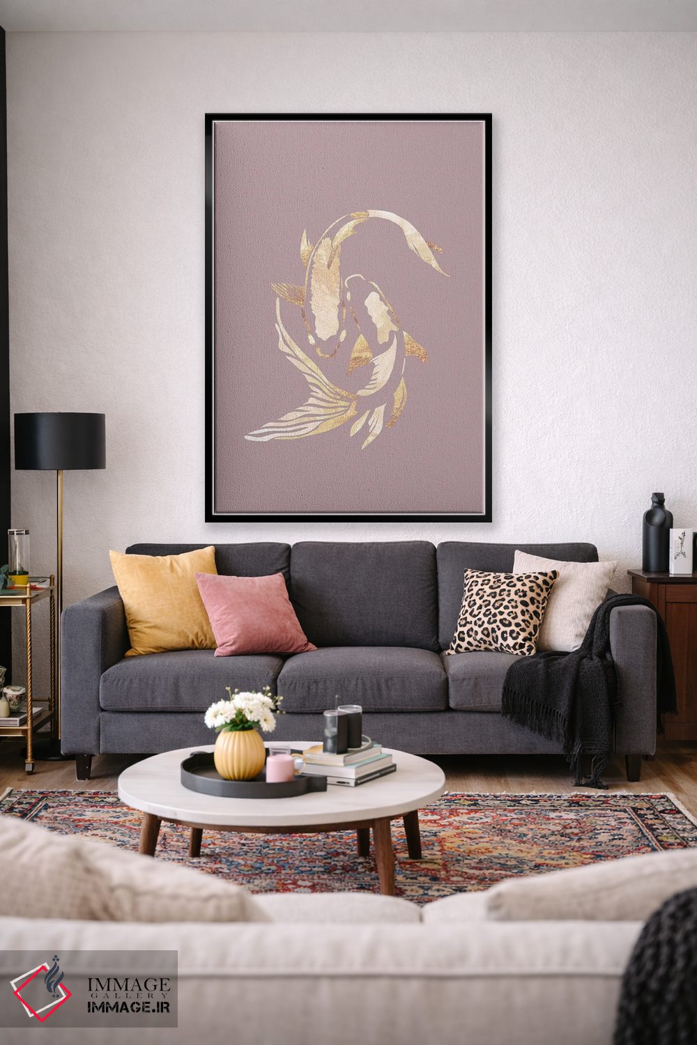 تابلو مدرن ماهی کوی ۲: سیلوئت طلایی روی صورتی اثر سارا مانوفسکی - D3B