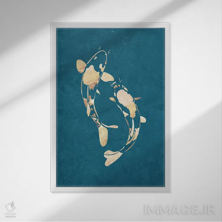 تابلو مدرن ماهی کوی ۱: سیلوئت طلایی روی فیروزه ای اثر سارا مانوفسکی - نمای قابدار سفید