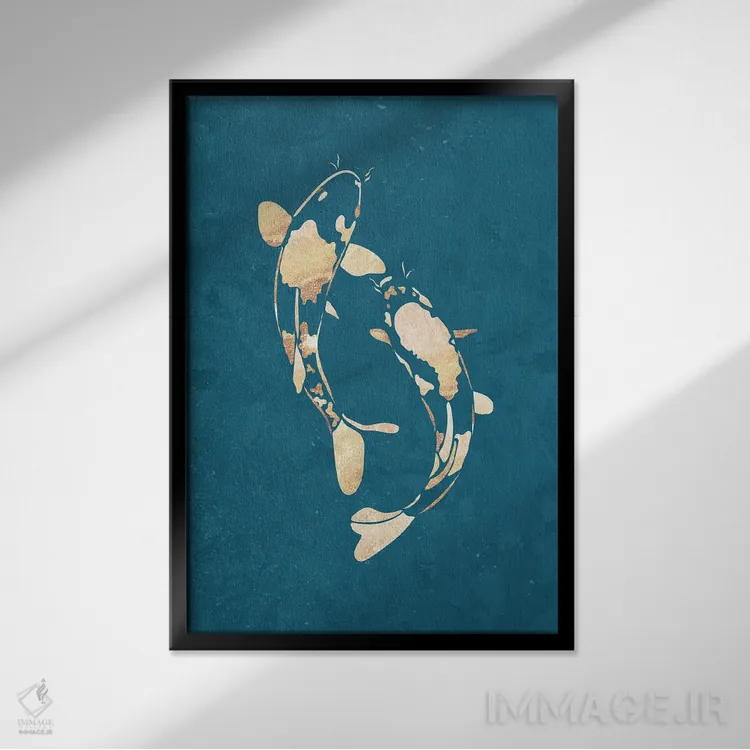 تابلو مدرن ماهی کوی ۱: سیلوئت طلایی روی فیروزه ای اثر سارا مانوفسکی - نمای قابدار مشکی