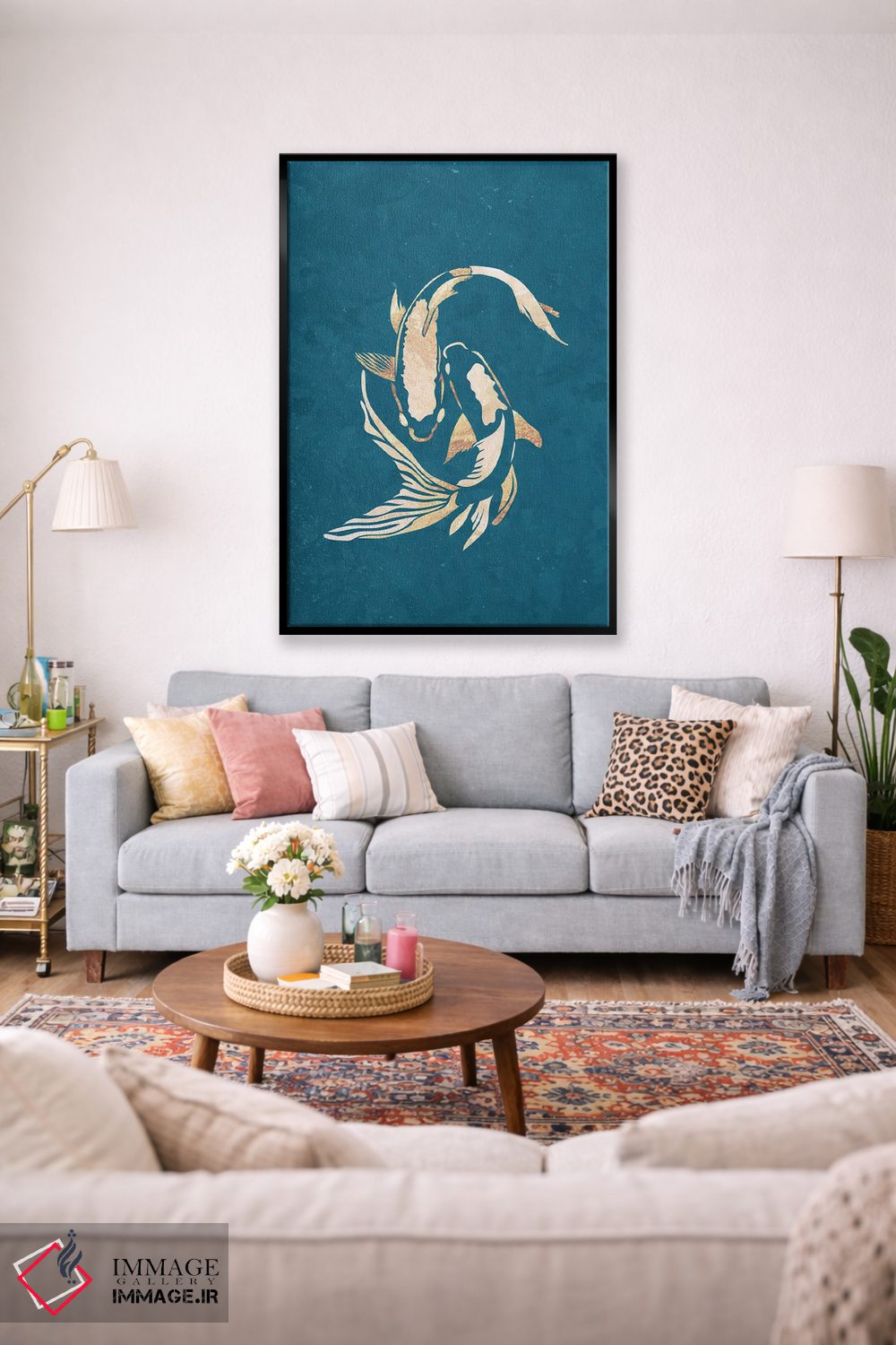 تابلو مدرن ماهی کوی ۲: سیلوئت طلایی روی فیروزه ای اثر سارا مانوفسکی - D1B