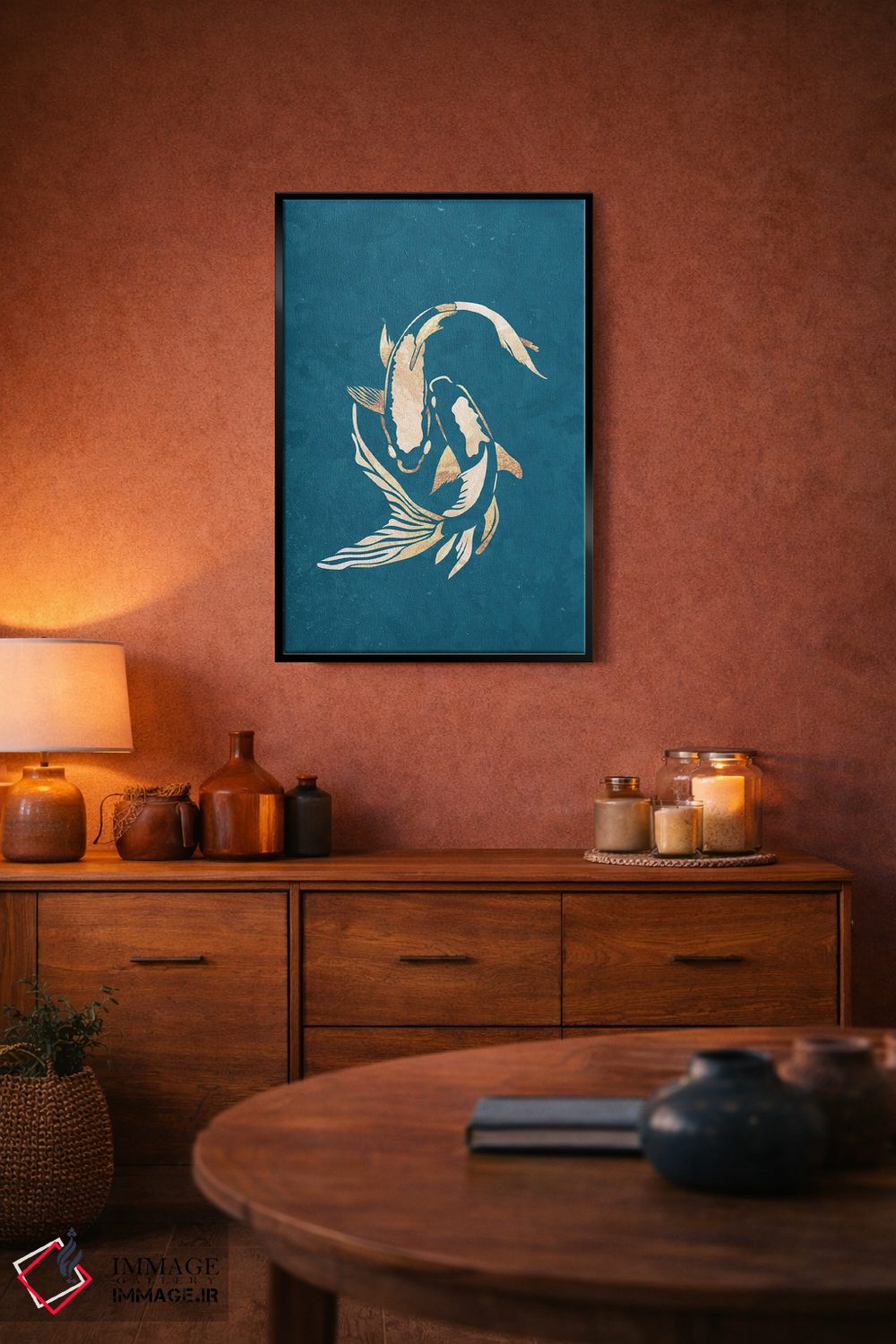 تابلو مدرن ماهی کوی ۲: سیلوئت طلایی روی فیروزه ای اثر سارا مانوفسکی - D4B