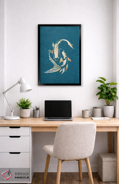 تابلو مدرن ماهی کوی ۲: سیلوئت طلایی روی فیروزه ای اثر سارا مانوفسکی - D5B
