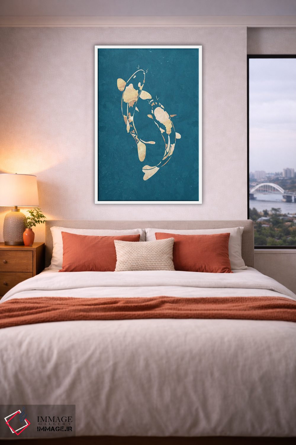 تابلو مدرن ماهی کوی ۱: سیلوئت طلایی روی فیروزه ای اثر سارا مانوفسکی - D4W