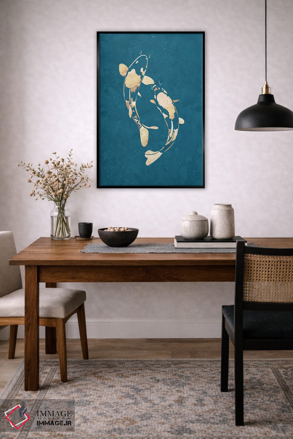 تابلو مدرن ماهی کوی ۱: سیلوئت طلایی روی فیروزه ای اثر سارا مانوفسکی - D5B