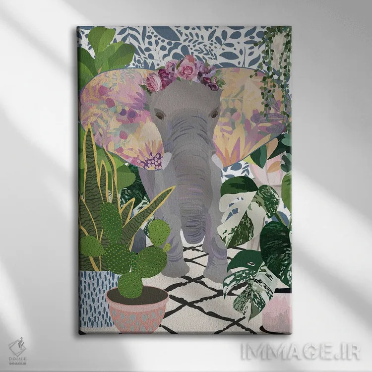 تابلو دکوراتیو فیل با گیاهان خانگی اثر سارا مانوفسکی - نمای روبهرو روی دیوار