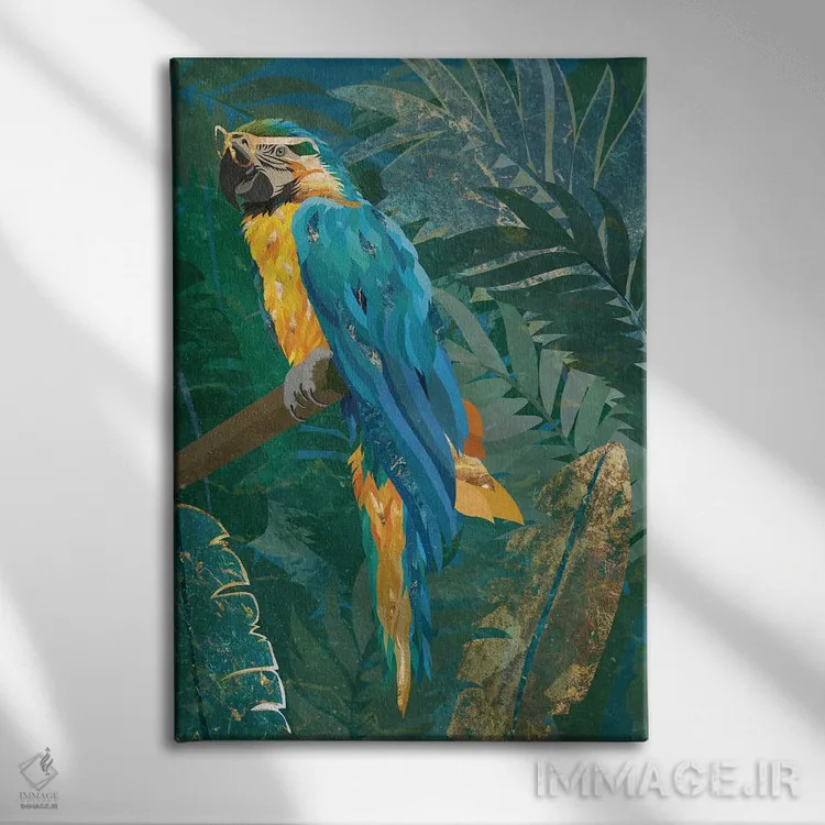 تابلو دکوراتیو ماکائو در جنگل اثر سارا مانوفسکی - نمای روبهرو روی دیوار