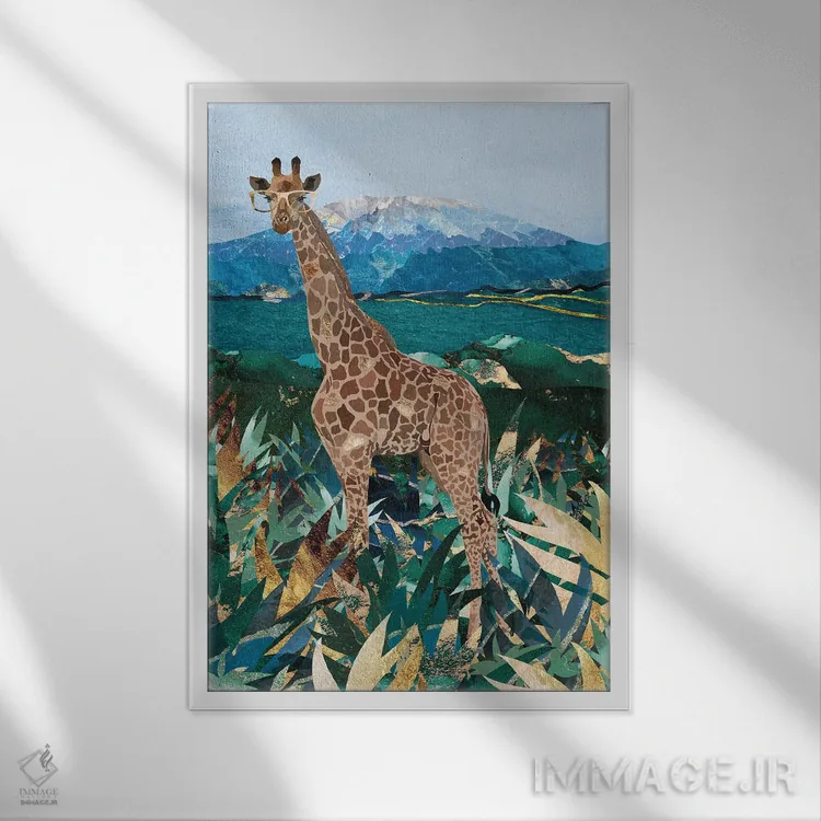تابلو دکوراتیو زرافه در علفزارها اثر سارا مانوفسکی - نمای قابدار سفید