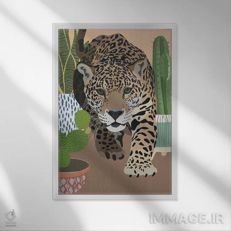 تابلو دکوراتیو پلنگ کاکتوس اثر سارا مانوفسکی - نمای قابدار سفید