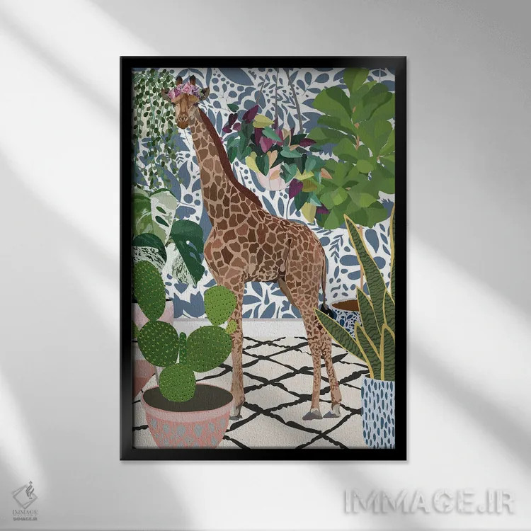 تابلو دکوراتیو زرافه با گیاهان خانگی اثر سارا مانوفسکی - نمای قابدار مشکی
