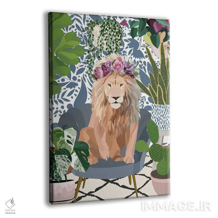 تابلو دکوراتیو شیر با گیاهان خانگی اثر سارا مانوفسکی - نمای پرسپکتیو محصول