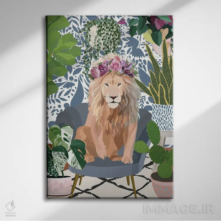 تابلو دکوراتیو شیر با گیاهان خانگی اثر سارا مانوفسکی - نمای روبهرو روی دیوار