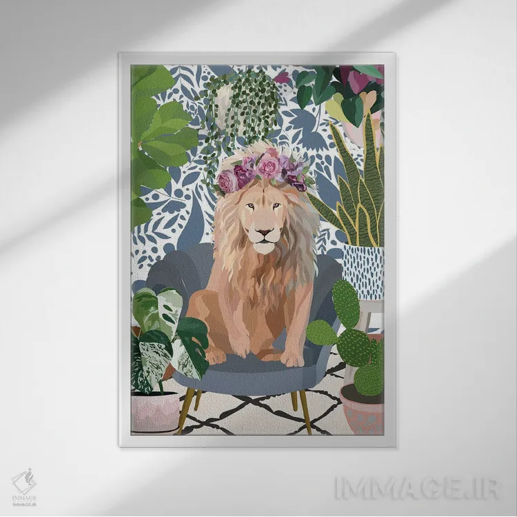 تابلو دکوراتیو شیر با گیاهان خانگی اثر سارا مانوفسکی - نمای قابدار سفید