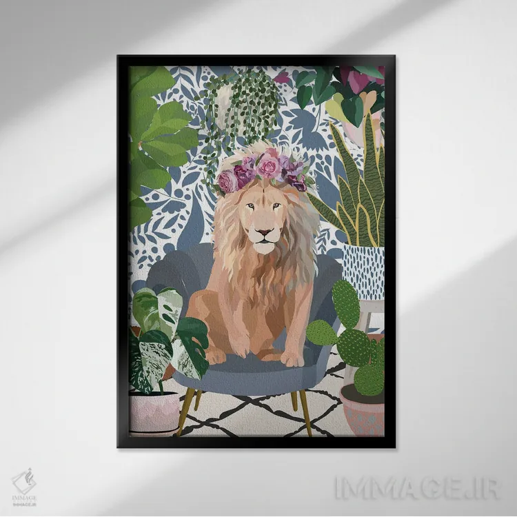 تابلو دکوراتیو شیر با گیاهان خانگی اثر سارا مانوفسکی - نمای قابدار مشکی