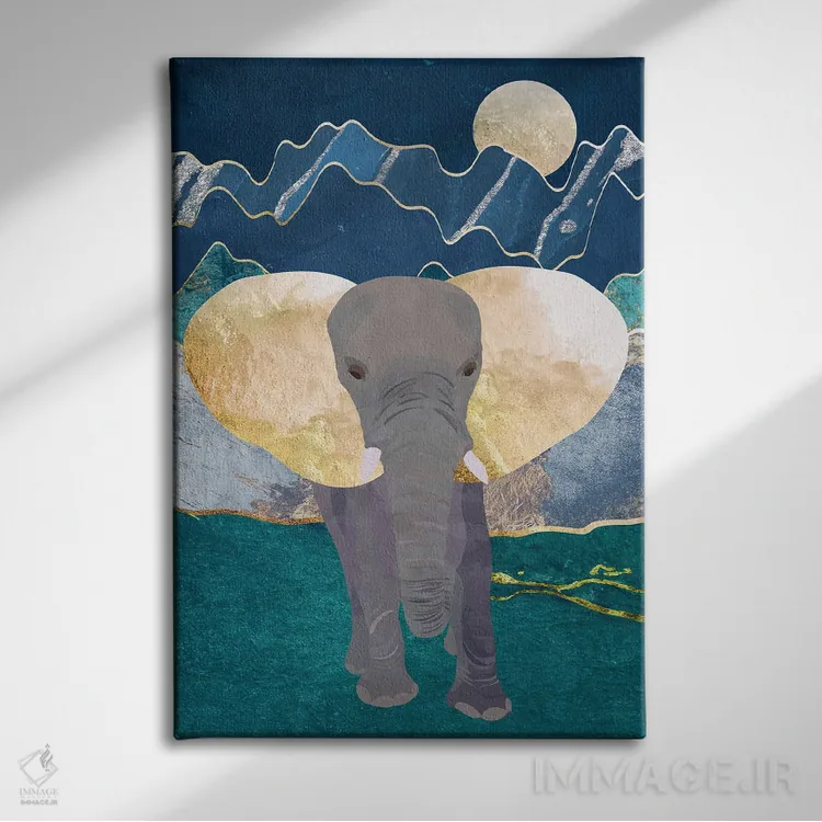 تابلو مدرن فیل باشکوه در کوه های مهتابی اثر سارا مانوفسکی - نمای روبهرو روی دیوار