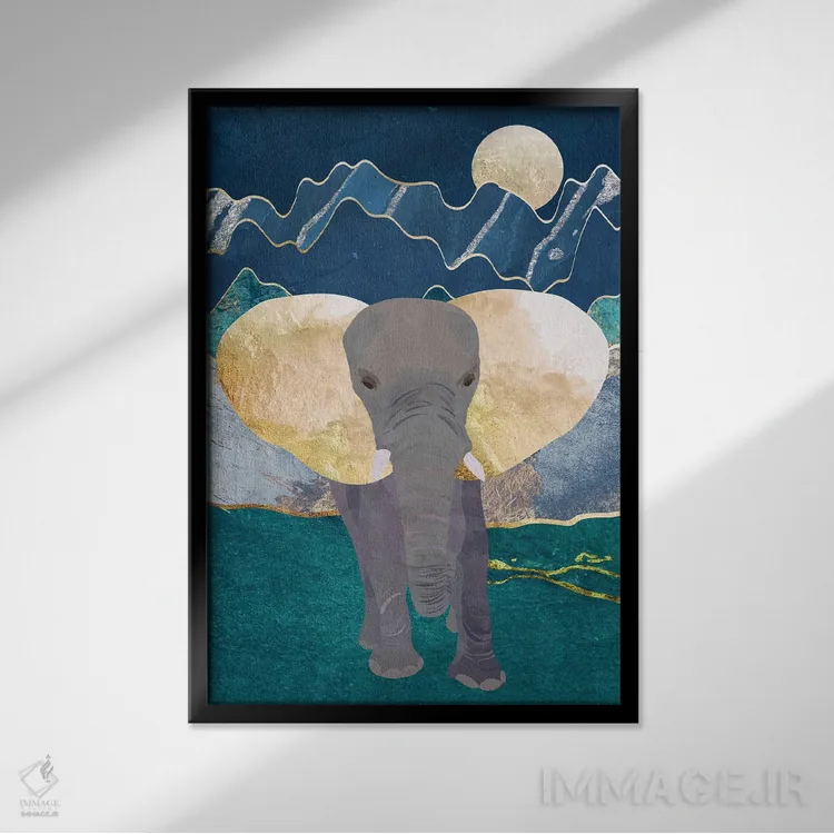 تابلو مدرن فیل باشکوه در کوه های مهتابی اثر سارا مانوفسکی - نمای قابدار مشکی
