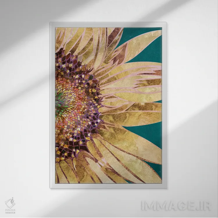 تابلو دکوراتیو آفتابگردان طلایی و سبز اثر سارا مانوفسکی - نمای قابدار سفید