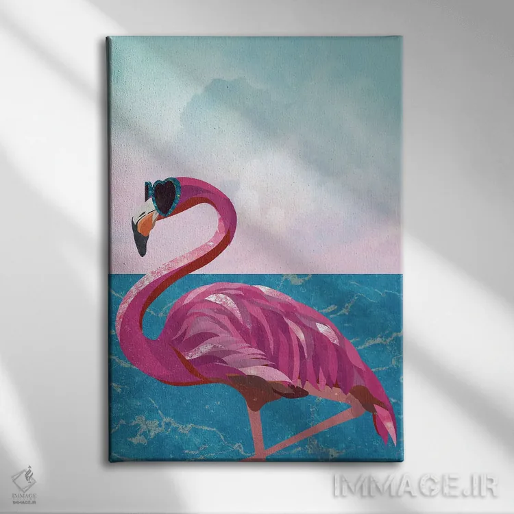 تابلو دکوراتیو فلامینگو در ساحل اثر سارا مانوفسکی - نمای روبهرو روی دیوار