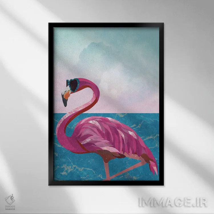 تابلو دکوراتیو فلامینگو در ساحل اثر سارا مانوفسکی - نمای قابدار مشکی