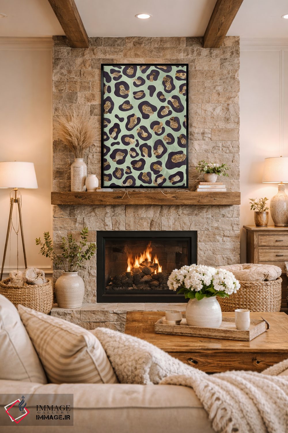 تابلو دکوراتیو نقش پلنگی سبز طلایی اثر سارا مانوفسکی - D1B