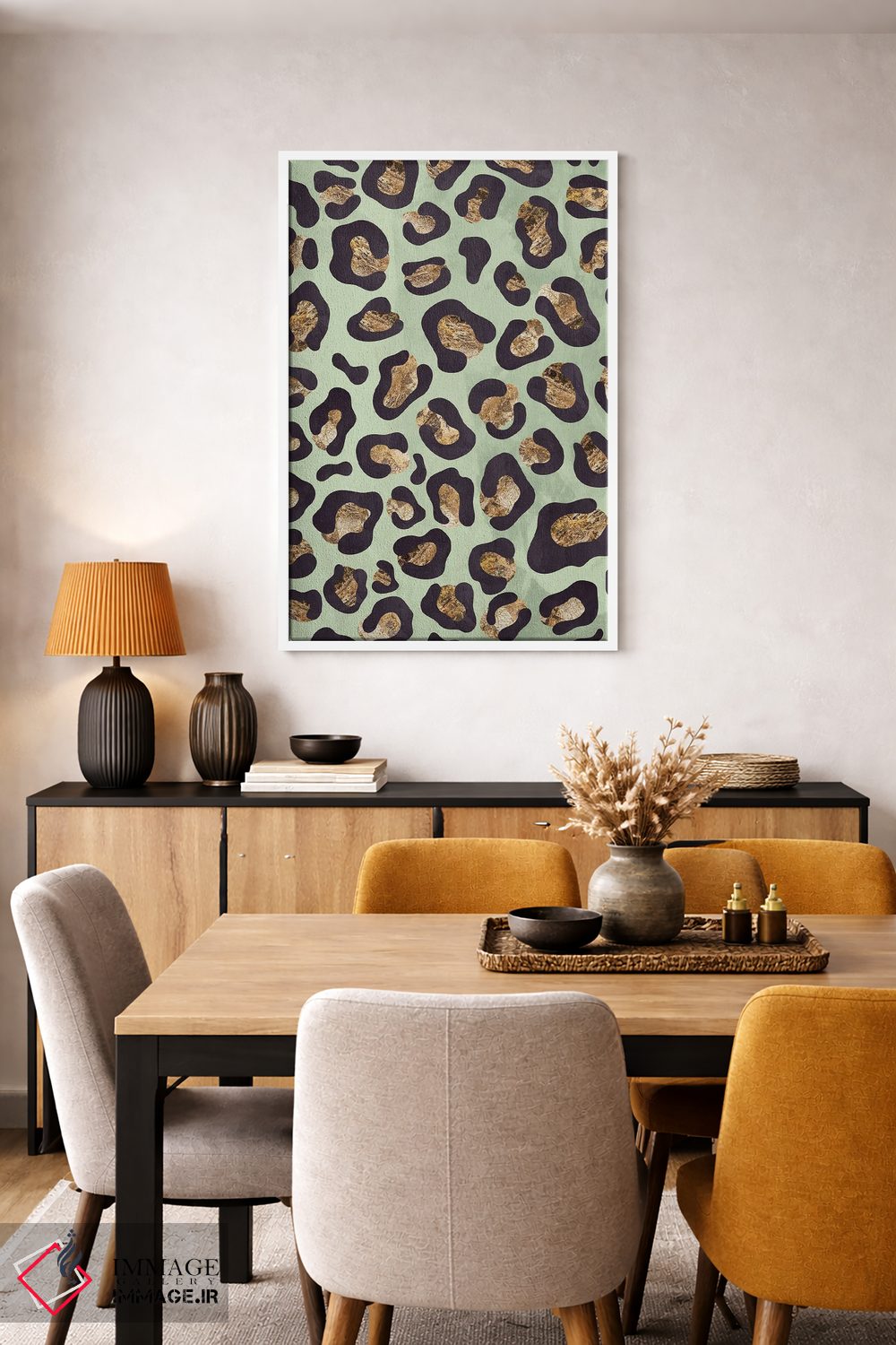 تابلو دکوراتیو نقش پلنگی سبز طلایی اثر سارا مانوفسکی - D4W