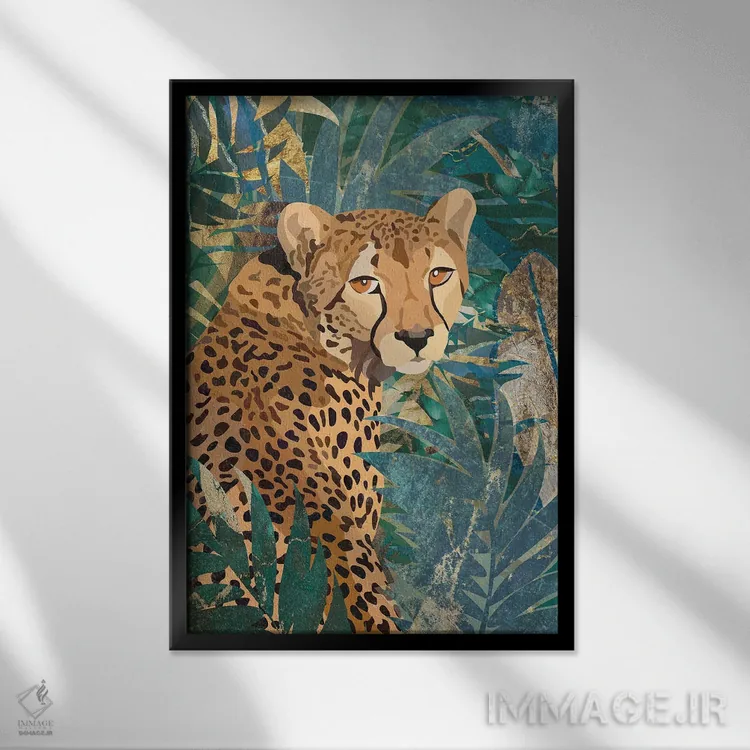 تابلو دکوراتیو یوزپلنگ در جنگل اثر سارا مانوفسکی - نمای قابدار مشکی