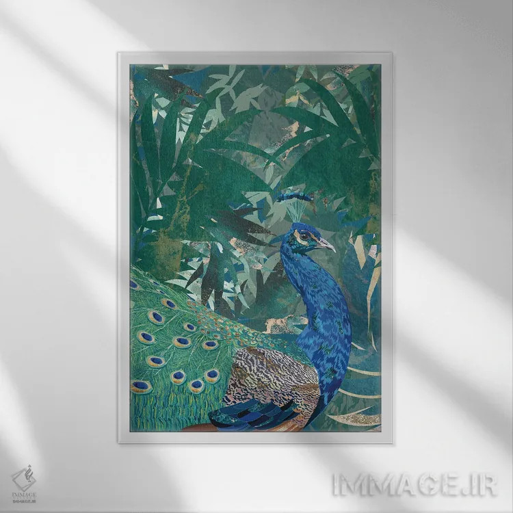 تابلو دکوراتیو طاووس در جنگل اثر سارا مانوفسکی - نمای قابدار سفید