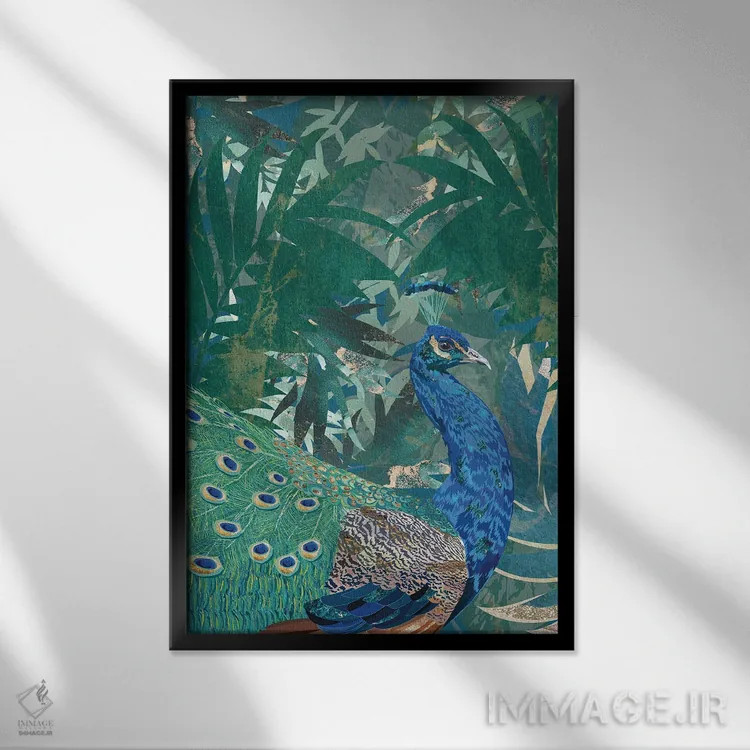 تابلو دکوراتیو طاووس در جنگل اثر سارا مانوفسکی - نمای قابدار مشکی