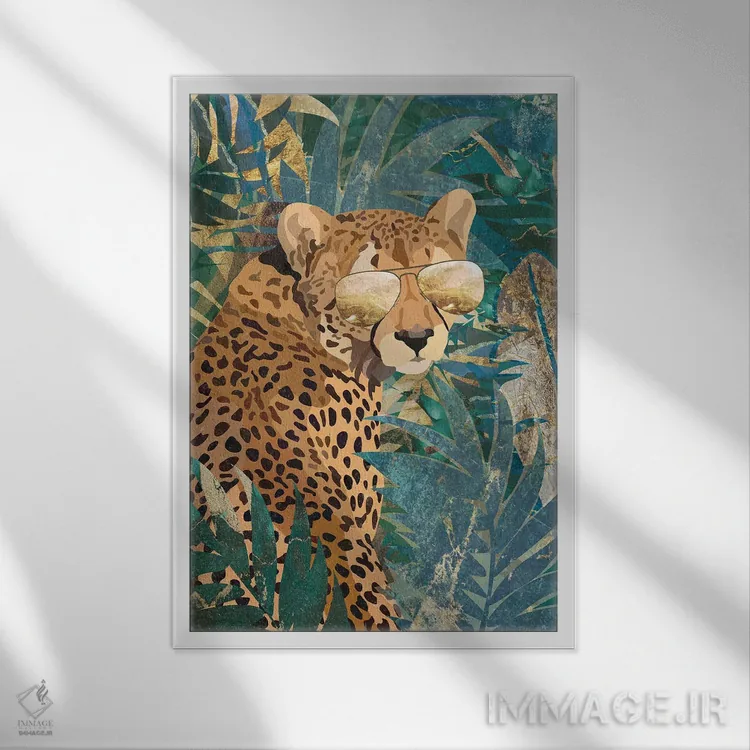 تابلو دکوراتیو یوزپلنگ باحال در جنگل اثر سارا مانوفسکی - نمای قابدار سفید