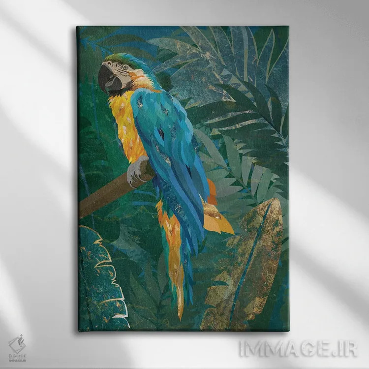 تابلو دکوراتیو طوطی ماکائو در جنگل اثر سارا مانوفسکی - نمای روبهرو روی دیوار