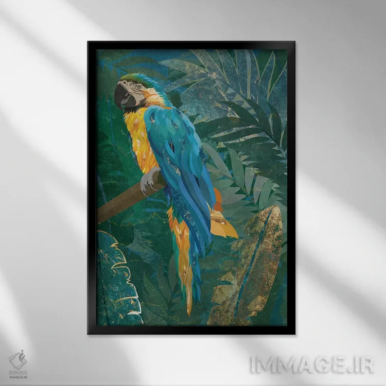 تابلو دکوراتیو طوطی ماکائو در جنگل اثر سارا مانوفسکی - نمای قابدار مشکی