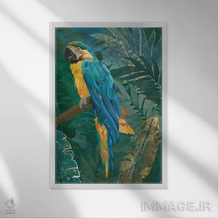 تابلو دکوراتیو طوطی ماکائو در جنگل اثر سارا مانوفسکی - نمای قابدار سفید