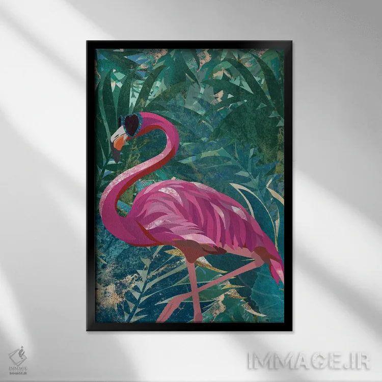 تابلو دکوراتیو فلامینگو در جنگل بارانی استوایی اثر سارا مانوفسکی - نمای قابدار مشکی