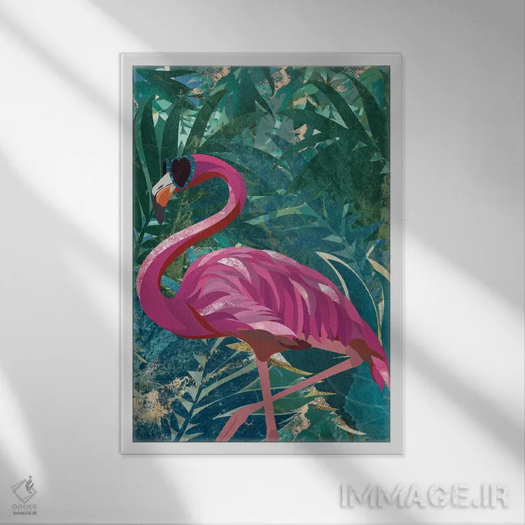 تابلو دکوراتیو فلامینگو در جنگل بارانی استوایی اثر سارا مانوفسکی - نمای قابدار سفید
