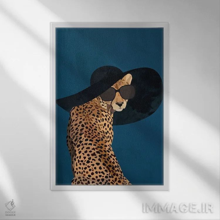 تابلو مینیمال یوزپلنگ مدرن با کلاه آفتابی اثر سارا مانوفسکی - نمای قابدار سفید