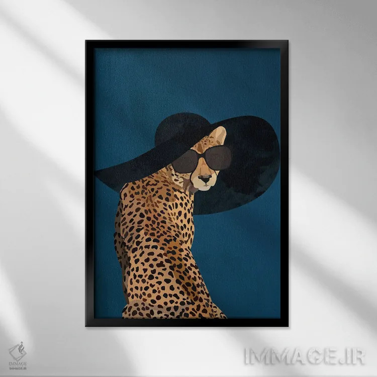 تابلو مینیمال یوزپلنگ مدرن با کلاه آفتابی اثر سارا مانوفسکی - نمای قابدار مشکی