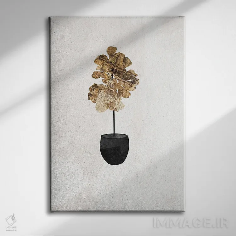 تابلو مینیمال گیاه انجیر فیدل لیف طلایی اثر سارا مانوفسکی - نمای روبهرو روی دیوار