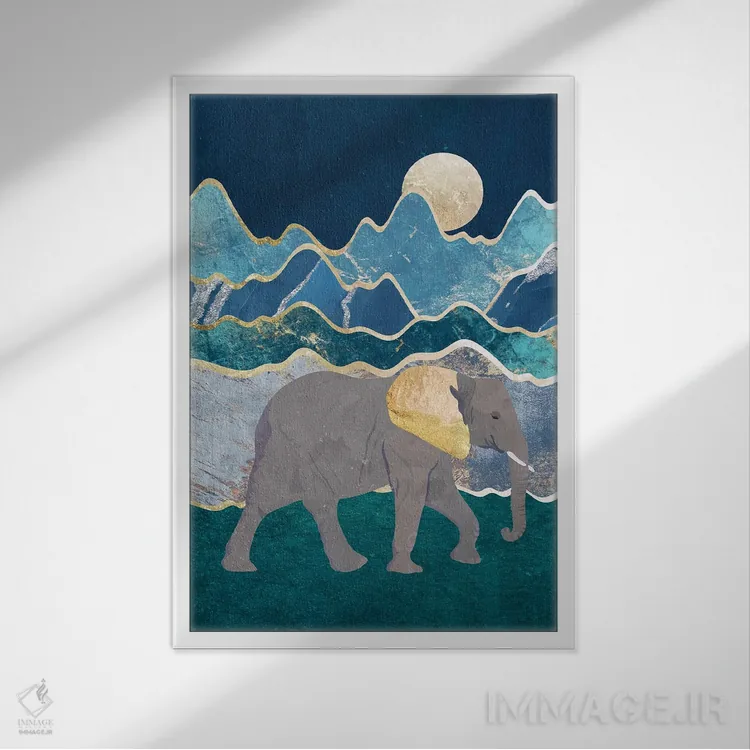 تابلو مدرن فیل باشکوه در حال قدم زدن در نور ماه اثر سارا مانوفسکی - نمای قابدار سفید
