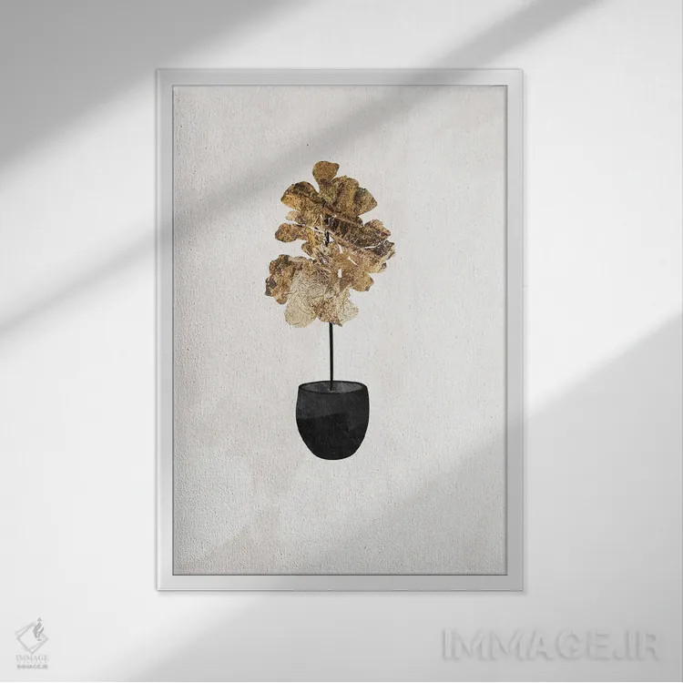 تابلو مینیمال گیاه انجیر فیدل لیف طلایی اثر سارا مانوفسکی - نمای قابدار سفید