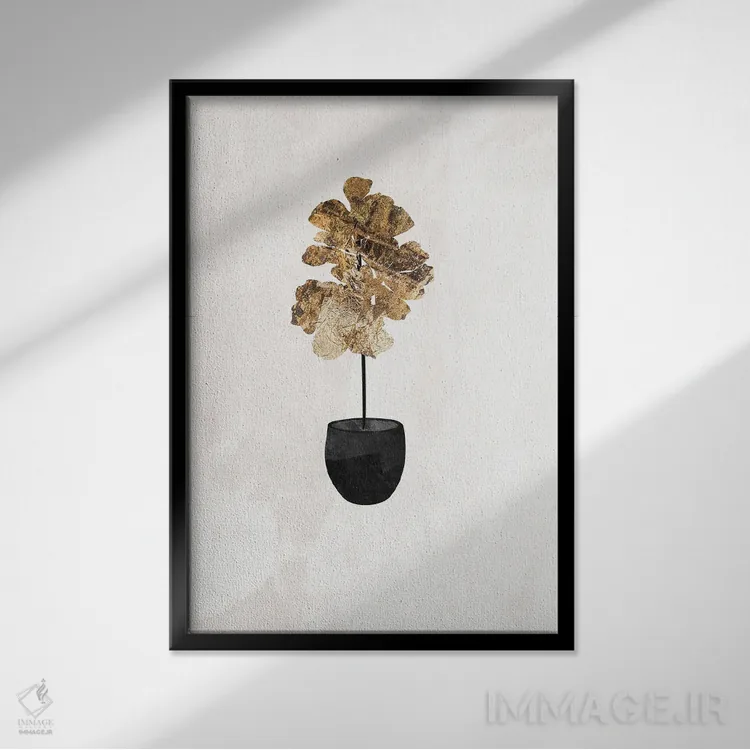 تابلو مینیمال گیاه انجیر فیدل لیف طلایی اثر سارا مانوفسکی - نمای قابدار مشکی