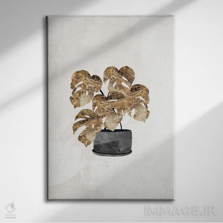 تابلو مینیمال گیاه پنیر سوئیسی طلایی اثر سارا مانوفسکی - نمای روبهرو روی دیوار