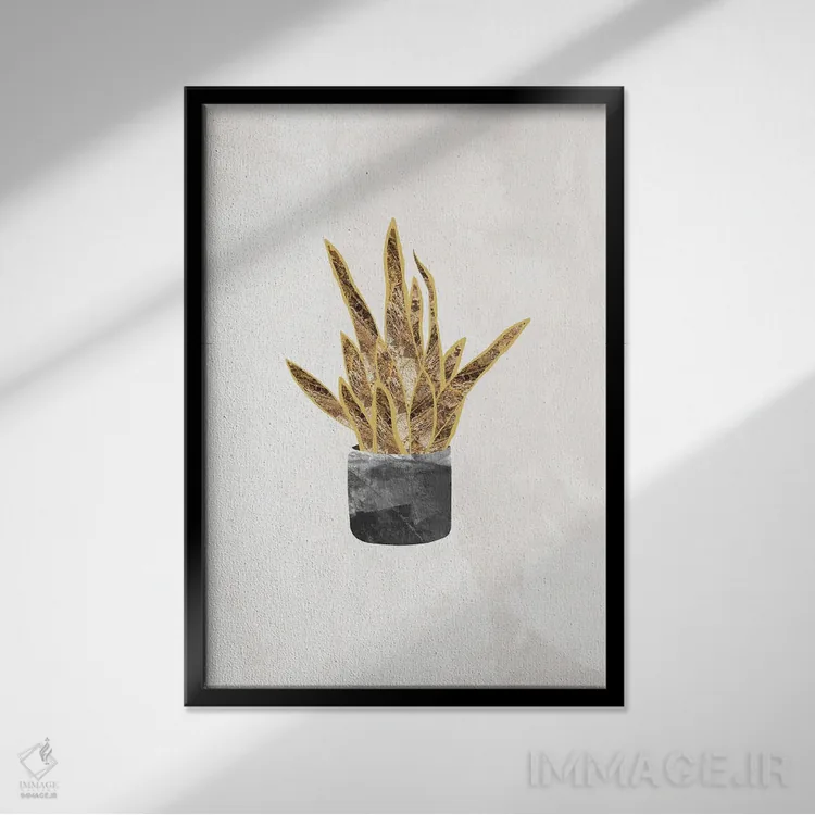 تابلو مینیمال گیاه سانسوریا طلایی اثر سارا مانوفسکی - نمای قابدار مشکی