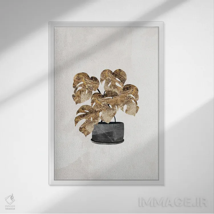 تابلو مینیمال گیاه پنیر سوئیسی طلایی اثر سارا مانوفسکی - نمای قابدار سفید