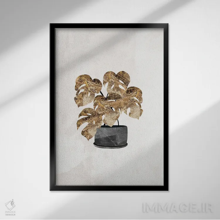 تابلو مینیمال گیاه پنیر سوئیسی طلایی اثر سارا مانوفسکی - نمای قابدار مشکی