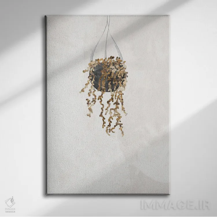 تابلو مینیمال گیاه رشته مروارید طلایی اثر سارا مانوفسکی - نمای روبهرو روی دیوار