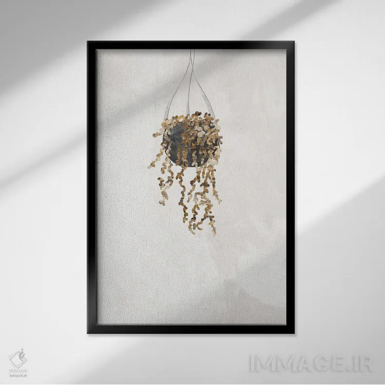 تابلو مینیمال گیاه رشته مروارید طلایی اثر سارا مانوفسکی - نمای قابدار مشکی