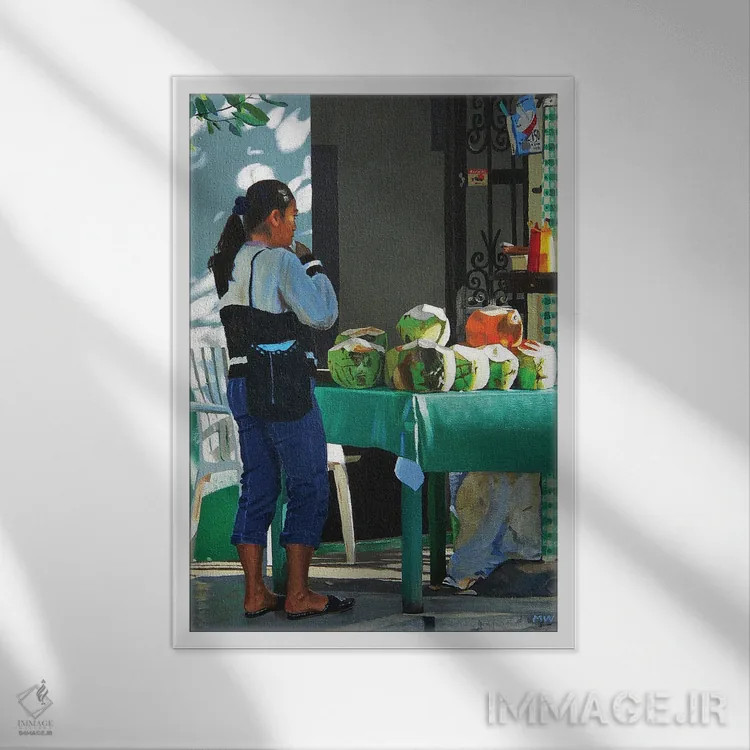 تابلو دکوراتیو نوشنده نارگیل اثر مایکل وارد - نمای قابدار سفید