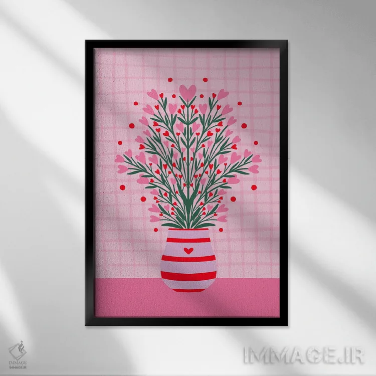 تابلو دکوراتیو دسته گل قلبی در گلدان اثر آنجلا مینکا - نمای قابدار مشکی