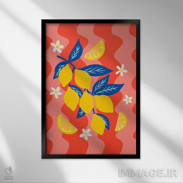 تابلو دکوراتیو شاخه لیمو با زمینه موج دار اثر آنجلا مینکا - نمای قابدار مشکی