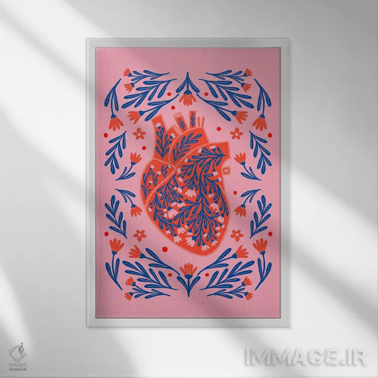 تابلو دکوراتیو قلب آناتومیک گلدار اثر آنجلا مینکا - نمای قابدار سفید